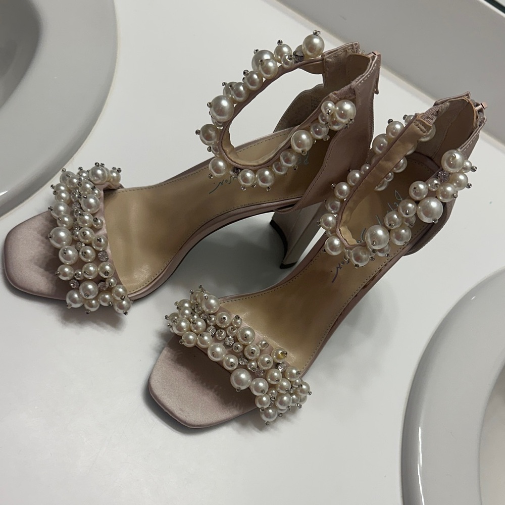 Betsey Johnson SB-Fay Blush Satin Pearl Rhinestone High Heel Sandals
